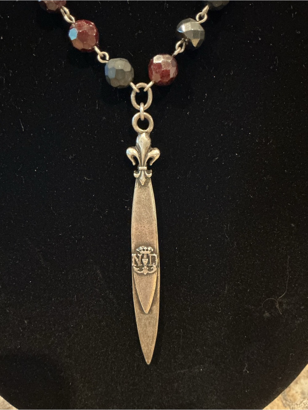 Fleur-de-Lis Pendant Necklace with Garnet and Hematite Beads